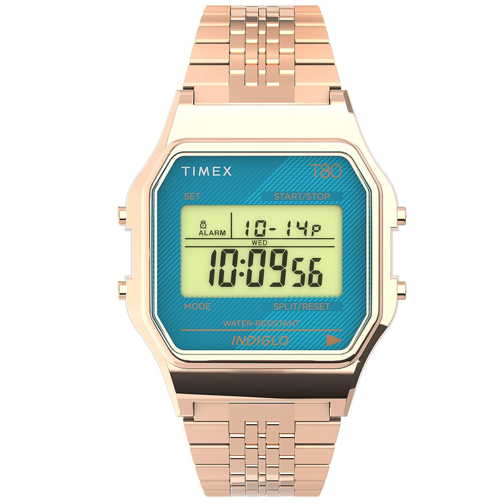 Timex T80 34mm Light Blue/Rose Gold Bracelet Unisex Digital Watch TW2U93600
