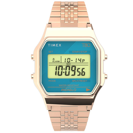 Timex T80 34mm Light Blue/Rose Gold Bracelet Unisex Digital Watch TW2U93600