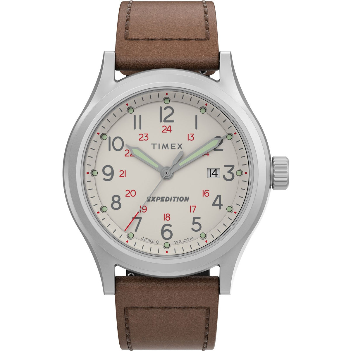 TW2V07300  Timex Expedition analog watch with a silver stainless steel case, a cream-colored dial with black, red, and green markings, and a brown leather strap, shown against a plain white background.