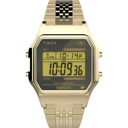 Timex T80 34mm Black/Gold Tone Bracelet Unisex Digital Watch TW2V18900