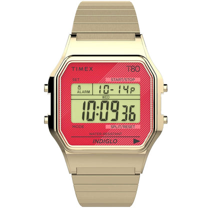 Timex T80 34mm Red/Gold Tone Expansion Band Unisex Digital Watch TW2V19200