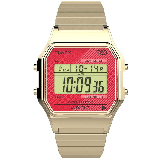 Timex T80 34mm Red/Gold Tone Expansion Band Unisex Digital Watch TW2V19200
