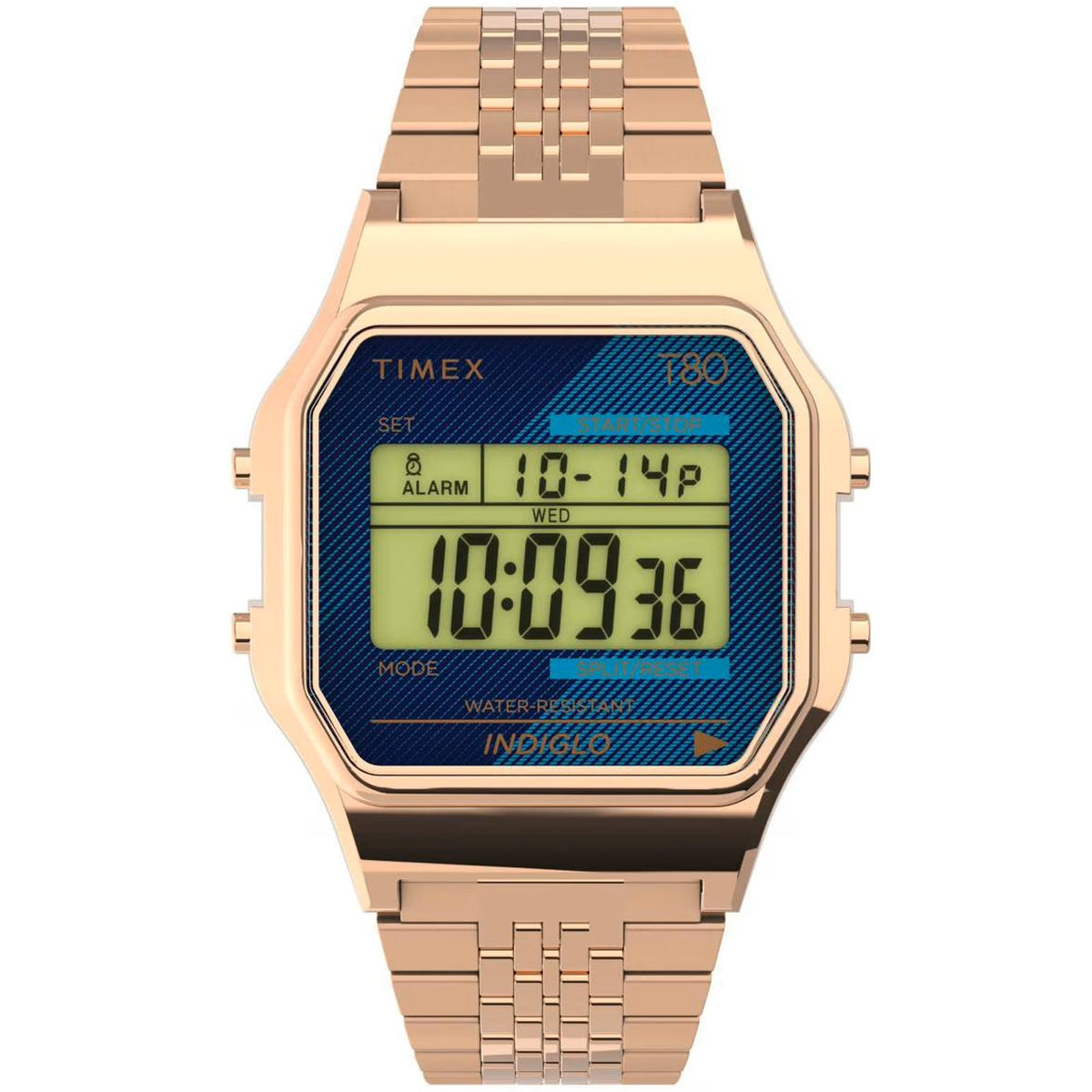 Timex T80 34mm Blue/Rose Gold Tone Unisex Digital Watch TW2V19600