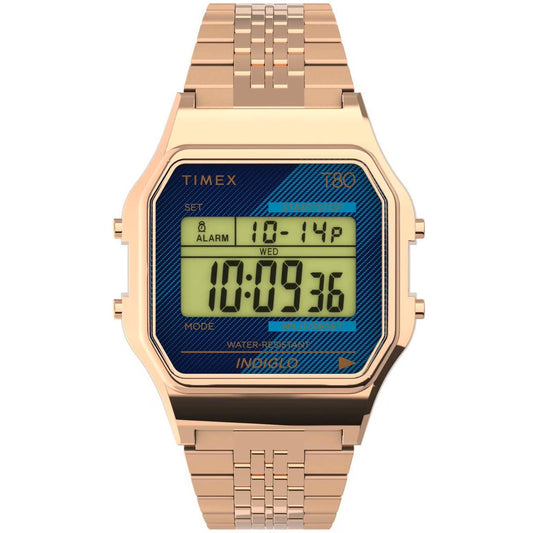 Timex T80 34mm Blue/Rose Gold Tone Unisex Digital Watch TW2V19600