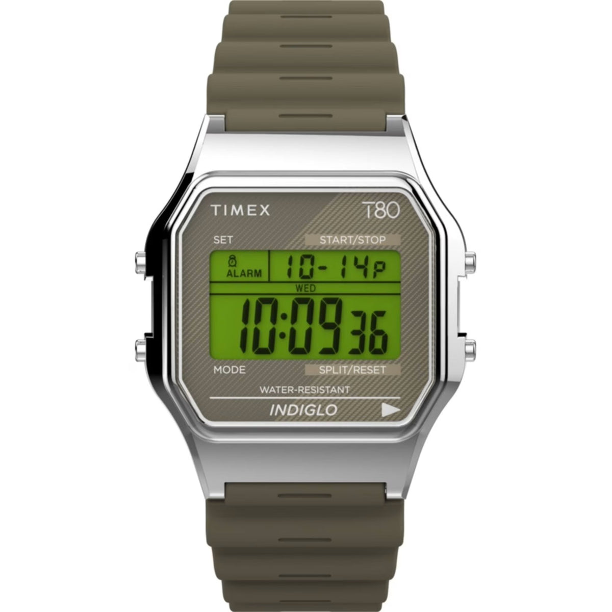 Timex T80 34mm Silver/Olive Resin Strap Unisex Digital Watch TW2V41100