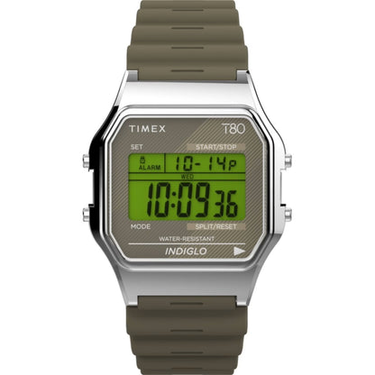 Timex T80 34mm Silver/Olive Resin Strap Unisex Digital Watch TW2V41100
