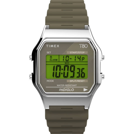 Timex T80 34mm Silver/Olive Resin Strap Unisex Digital Watch TW2V41100