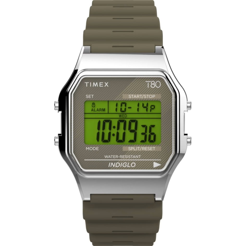 Timex T80 34mm Silver/Olive Resin Strap Unisex Digital Watch TW2V41100