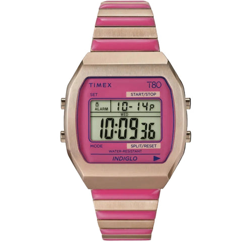 Timex T80 Pink/Rose Gold Tone Expansion Band Women's 30m Digital Watch TW2W41600