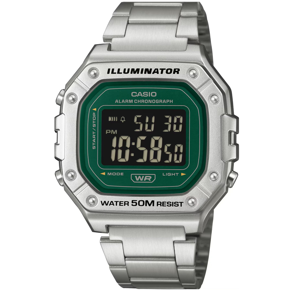 Casio Green/Silver Metal Band Men's 50m Multifunction Digital Watch W-218HD-3A