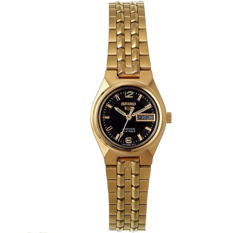 Seiko 5 Gold Tone/Black Dial Women's Automatic Analog Dress Watch SYMK38K1