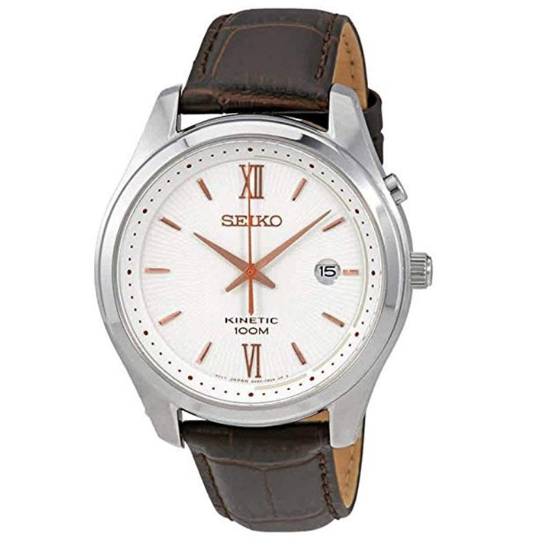 Seiko Kinetic White Dial Brown Leather Strap Men's Analog Watch SKA773P1