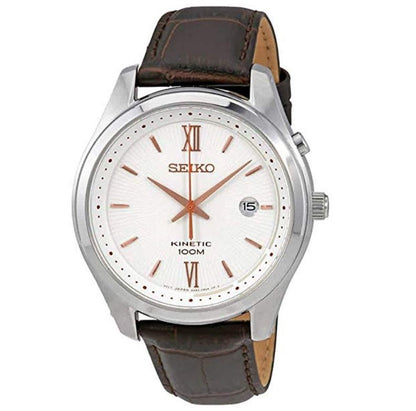 Seiko Kinetic White Dial Brown Leather Strap Men's Analog Watch SKA773P1