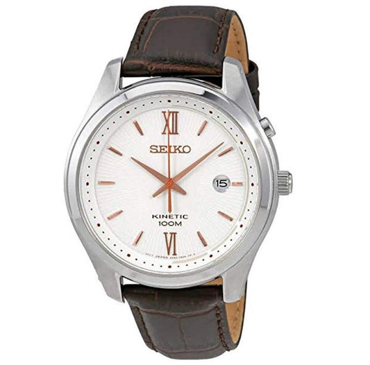 Seiko Kinetic White Dial Brown Leather Strap Men's Analog Watch SKA773P1