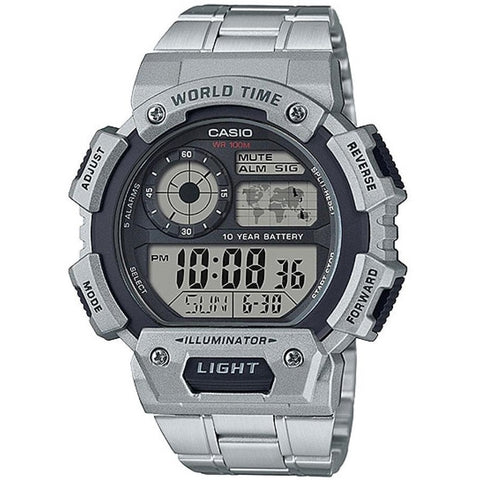 Casio Grey Steel Band Men's World Time 100m Digital Sports Watch AE-1400WHD-1A