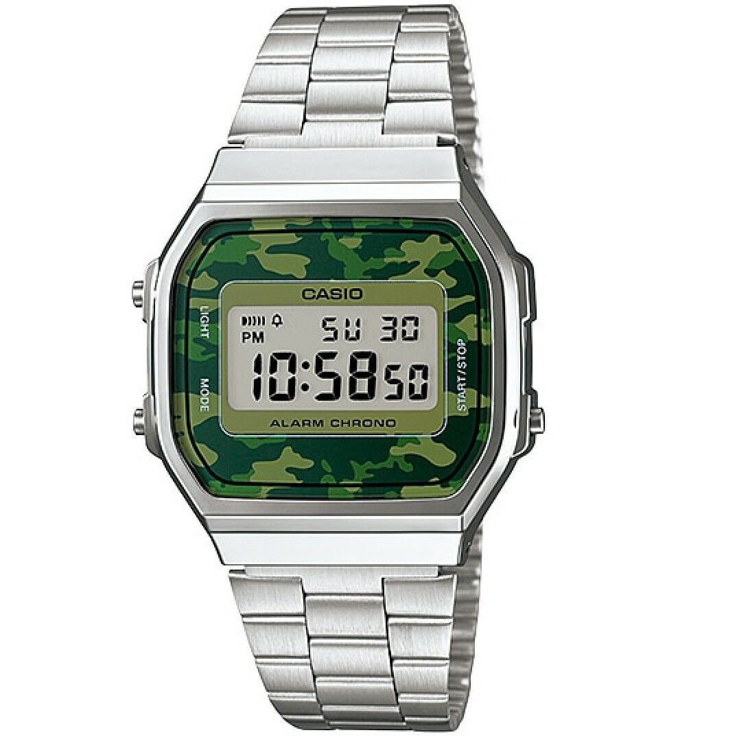Casio Silver with Green Camouflage Retro Vintage Unisex Digital Watch A168WEC-3