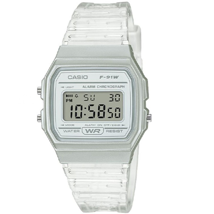 Casio F-91WS-7 Light Silver Case Transparent Strap Multifunction Digital Watch
