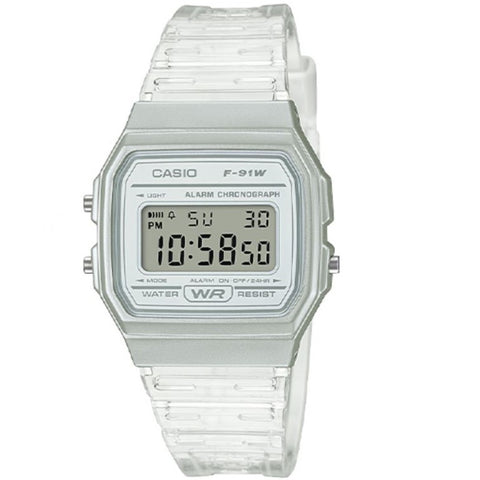 Casio F-91WS-7 Light Silver Case Transparent Strap Multifunction Digital Watch