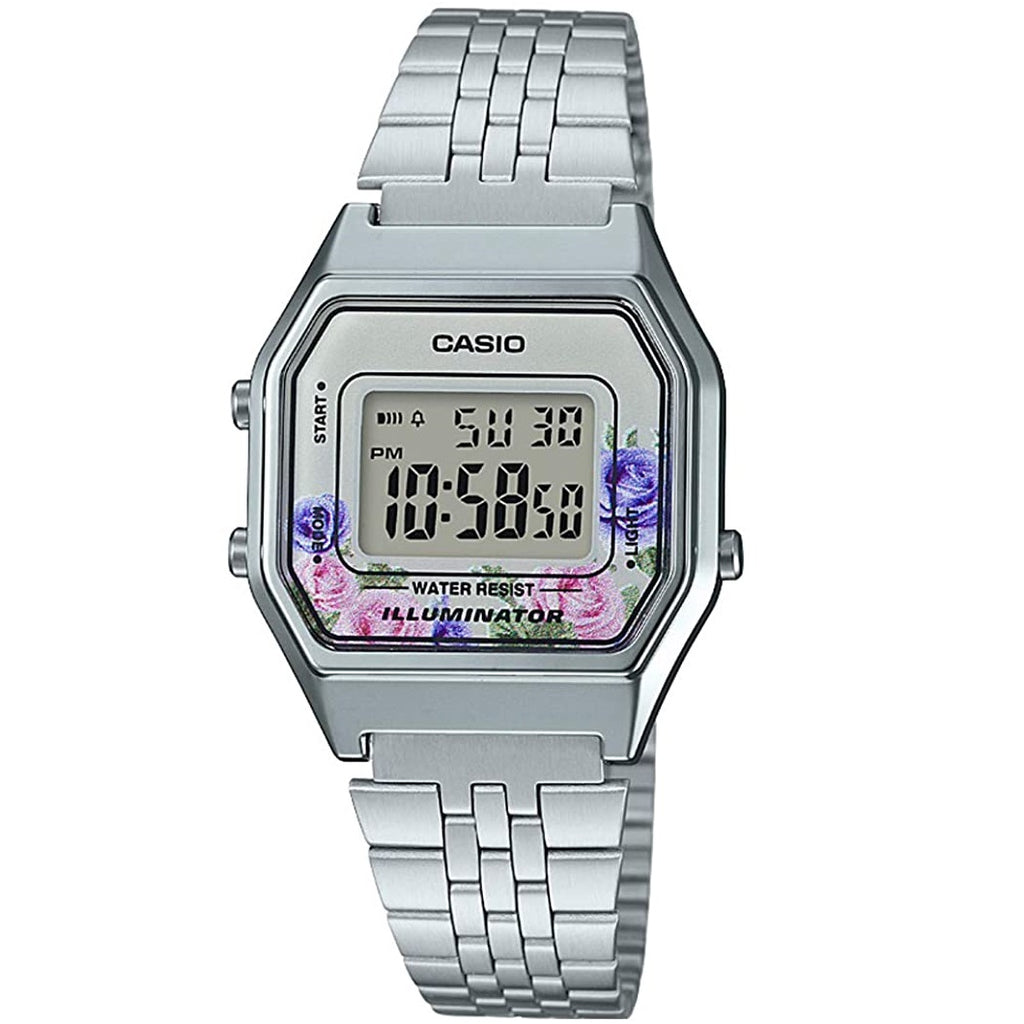 Casio LA680WA-4C Silver Floral Dial Women's Stainless Steel Digital Watch