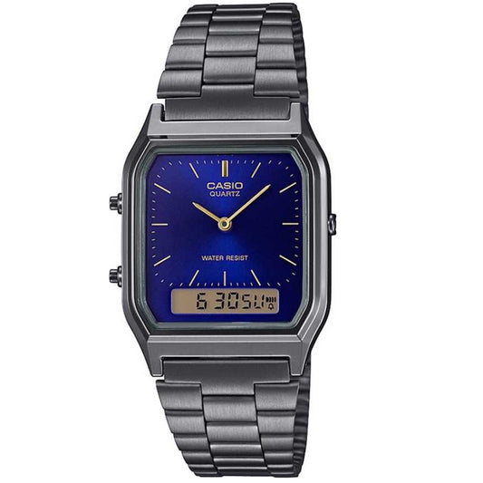Casio  Grey Blue Stainless Steel Retro Digital Analog Dual Time Watch AQ-230GG-2A