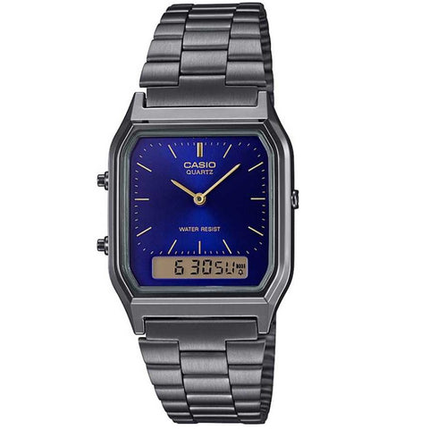 Casio AQ-230GG-2A Grey Blue Stainless Steel Retro Digital Analog Dual Time Watch