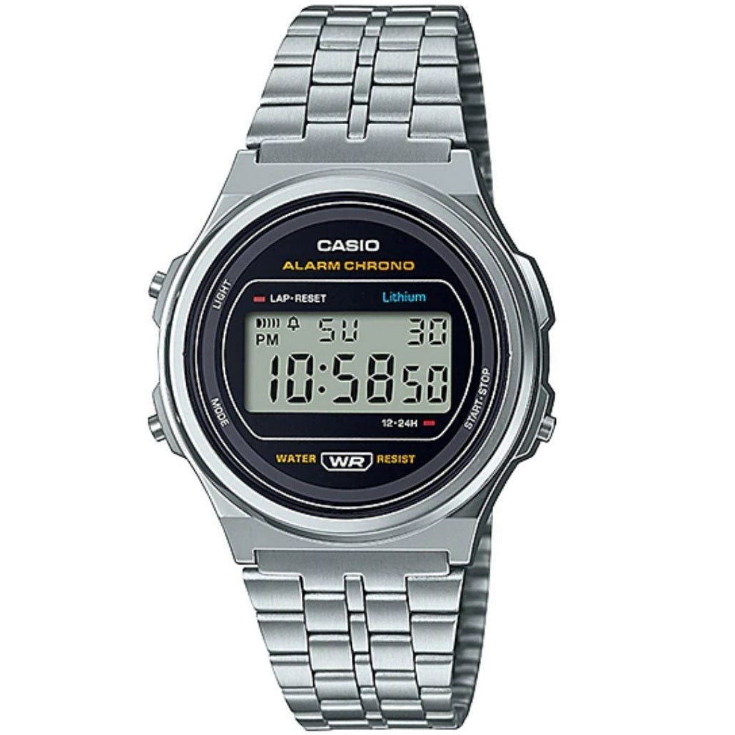 Casio Silver/Black Round Retro Stainless Steel Unisex Digital Watch A171WE-1A