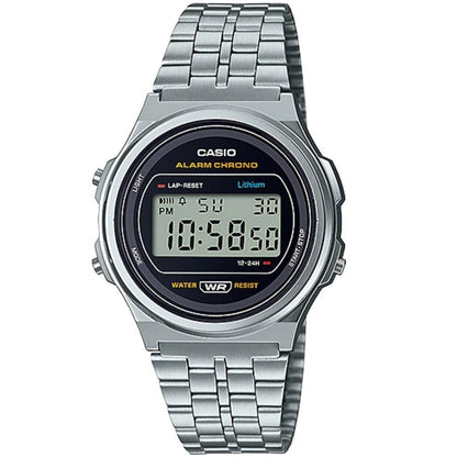 Casio Silver/Black Round Retro Stainless Steel Unisex Digital Watch A171WE-1A
