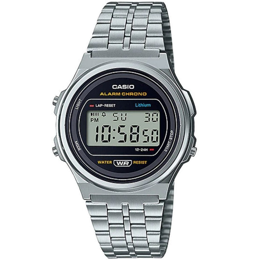 Casio Silver/Black Round Retro Stainless Steel Unisex Digital Watch A171WE-1A