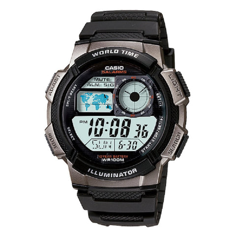 Casio AE-1000W-1BV Black Silver-Tone Youth Series World Time Digital Sports Watch