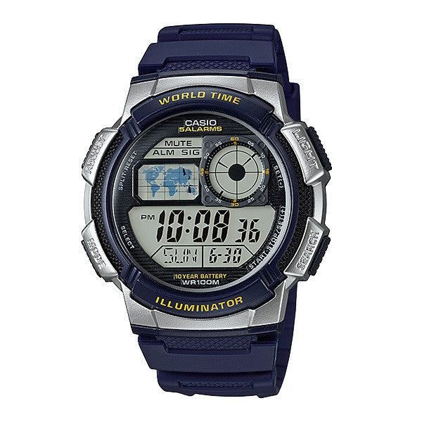 Casio AE-1000W-2A Blue Silver-Tone Youth Series World Time Digital Sports Watch