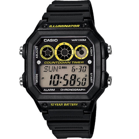 Casio AE-1300WH-1AV Black and Yellow Illuminator Chronograph Digital Watch