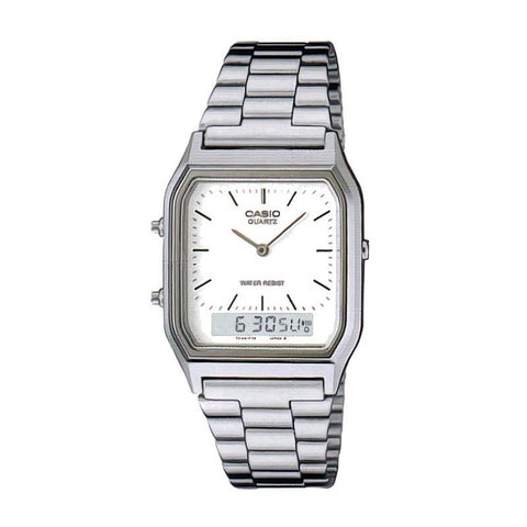 Casio Stainless Steel Retro Style White Face Analog Digital Watch AQ-230A-7D