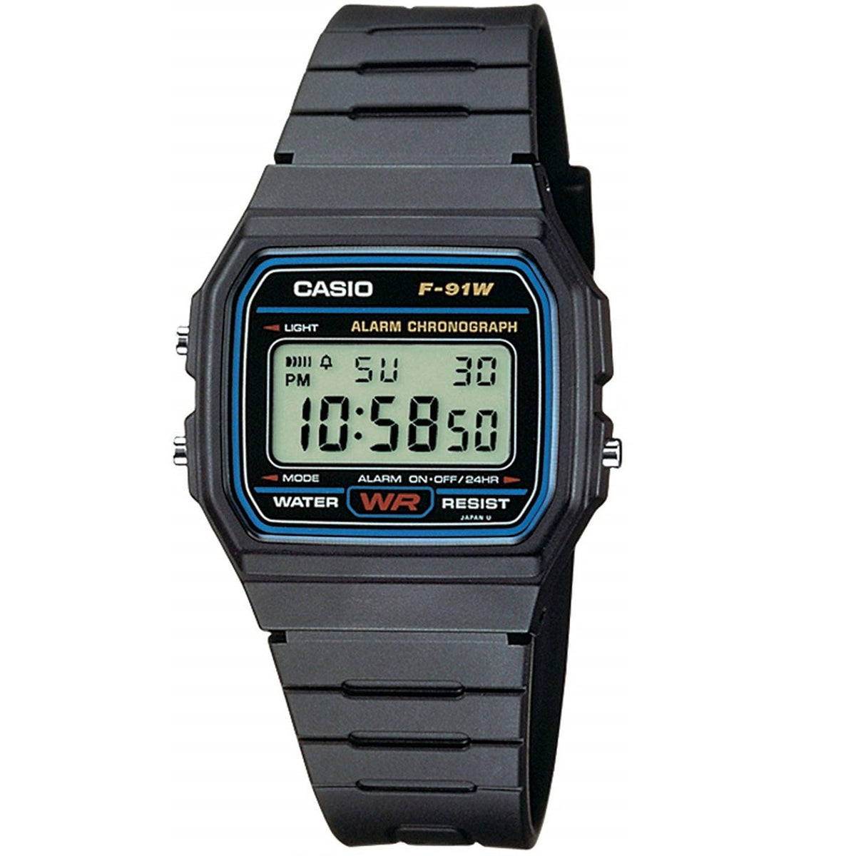 Casio F-91W-1 digital watch with black resin band and black matte case, displaying time and date on its digital screen.