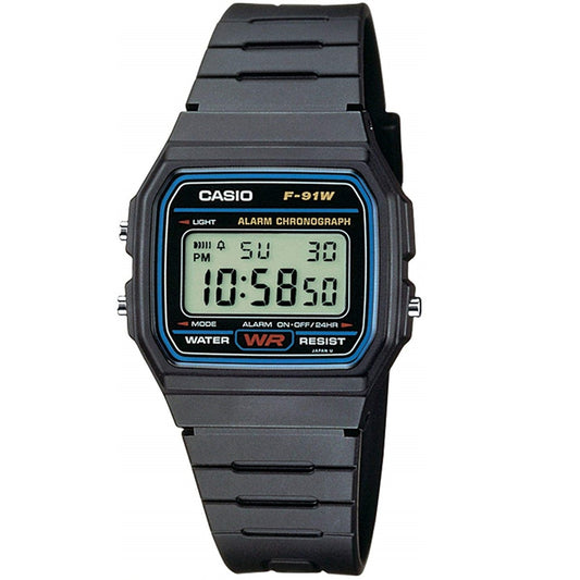 Casio F-91W-1 digital watch with black resin band and black matte case, displaying time and date on its digital screen.
