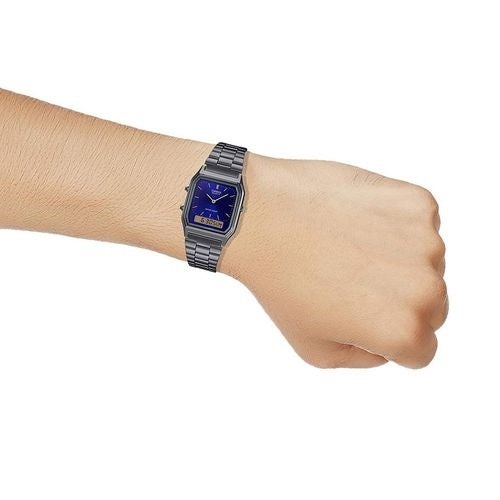 Casio  Grey Blue Stainless Steel Retro Digital Analog Dual Time Watch AQ-230GG-2A