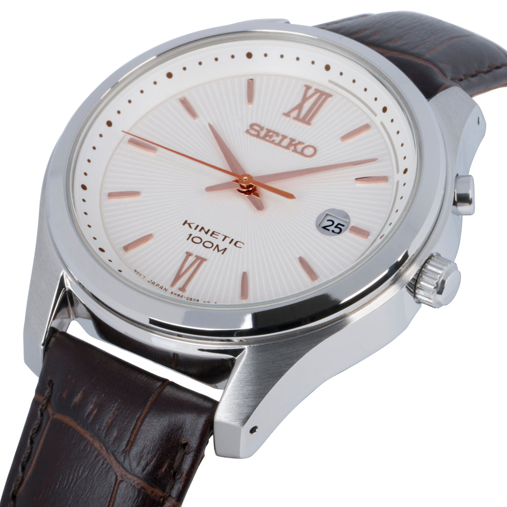 Seiko Kinetic White Dial Brown Leather Strap Men's Analog Watch SKA773P1