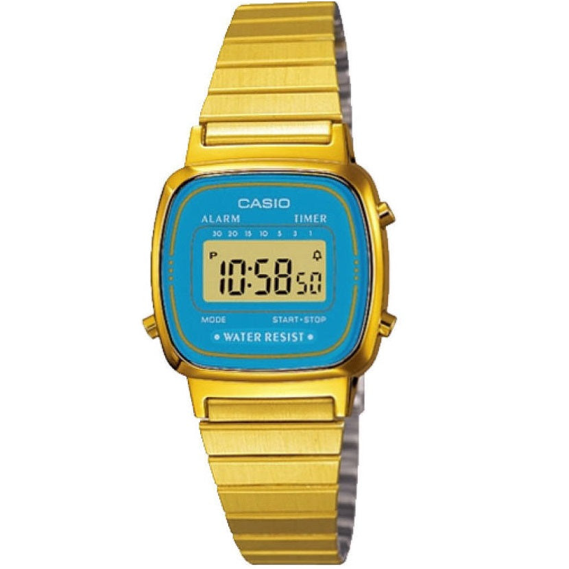 Casio LA670WGA-2 Gold & Light Blue Small Women's Stainless Steel Digital Watch