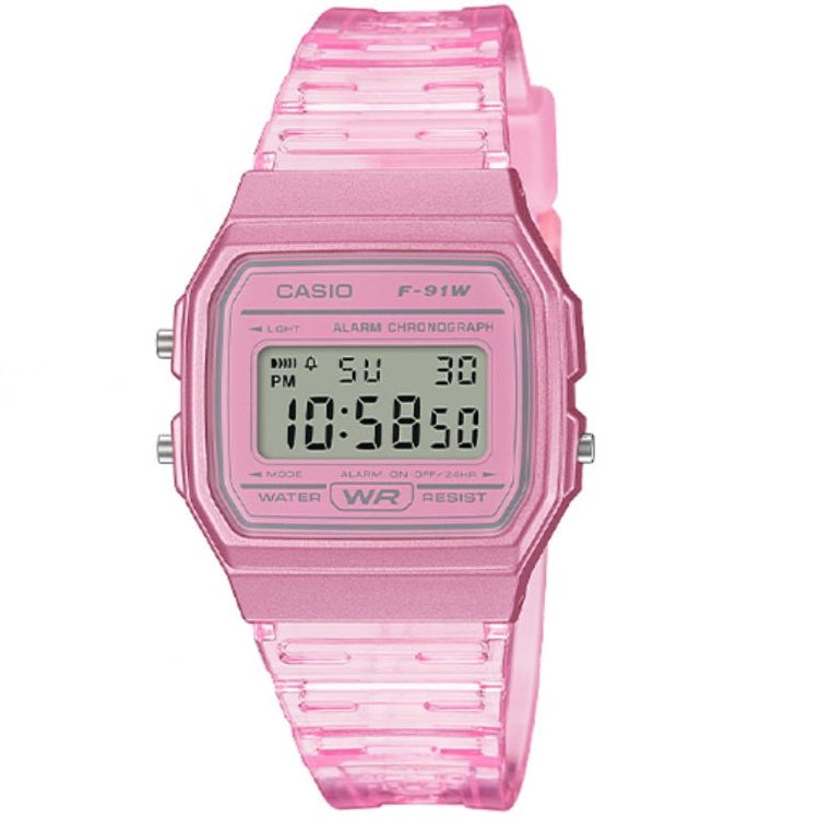 Casio Light Pink Transparent Strap Multifunction Digital Watch F-91WS-4