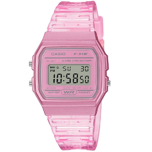 Casio Light Pink Transparent Strap Multifunction Digital Watch F-91WS-4